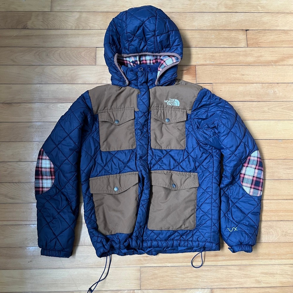 The North Face Quilted Puffer Jacket Navy Blue Brown Plaid Hooded Kids 150 L